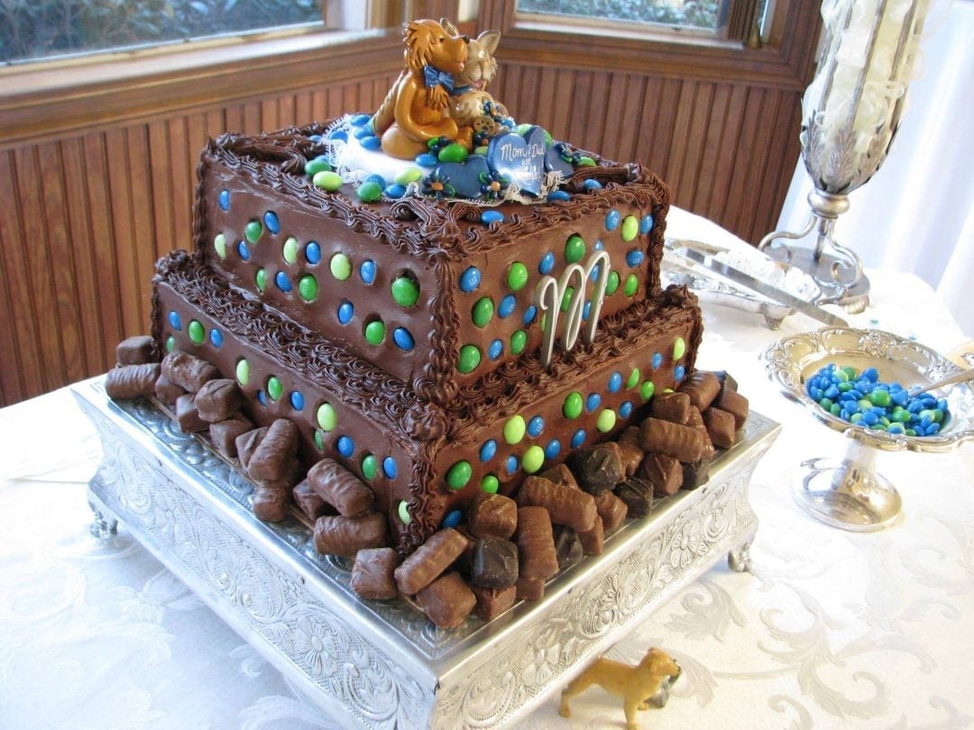 chocolate wedding cake with m & m's
